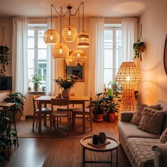 Cozy living room and dining area with warm lighting and abundant natural light.