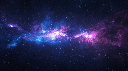 A vast, colorful nebula with hues of blue, purple, and pink, set against a dark, star-studded background. The nebula appears to be a galaxy, with a mix of bright and dim stars scattered throughout.