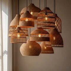 Bohemian chic pendant light fixture cluster warm woven natural materials hanging chandelier