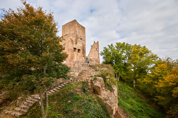 Fototapeta premium The ruins of a medieval castle located on a mountain in France, Alsace area