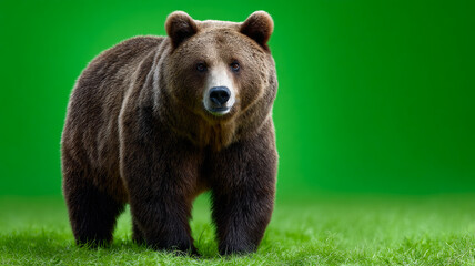 Fototapeta premium Brown bear standing on green grass. A brown bear stands on green grass in a natural setting, showcasing its powerful build and calm demeanor.