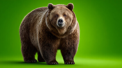 Brown bear standing on green background. A large brown bear stands confidently against a vibrant green background, showcasing its impressive size and fur.