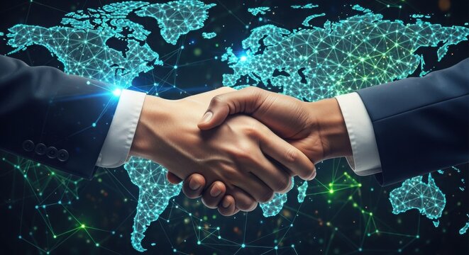 Business handshake with a world map in the background - Powered by Adobe