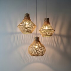 Three woven pendant lights hanging indoors creating warm ambient light