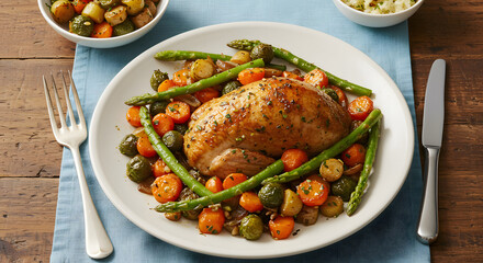 Delicious roasted chicken breast with fresh vegetables on a plate.