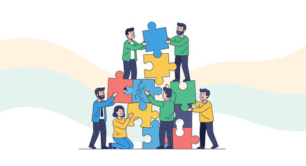 Teamwork And Collaboration Assemble Complex Puzzle Pieces To Reach A Common Goal