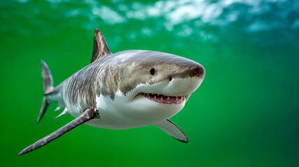 Naklejka premium Shark swims in clear waters. A large shark glides gracefully through clear, green ocean waters, showcasing its powerful features and beauty.