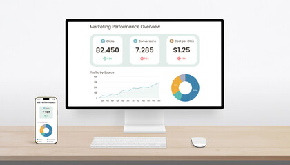 Desktop computer and smartphone displaying marketing performance dashboard with clicks,...