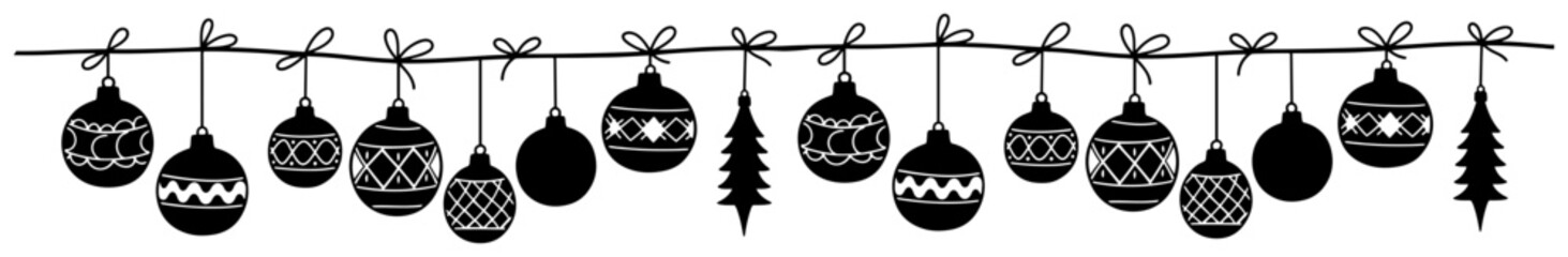 Hanging Christmas ornaments garland vector – row of festive baubles and trees on string, playful winter decoration for banners and cards