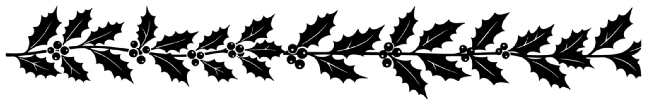 Holly branch seamless border vector illustration &ndash; festive Christmas greenery divider with berries and leaves, elegant winter decoration for cards and packaging