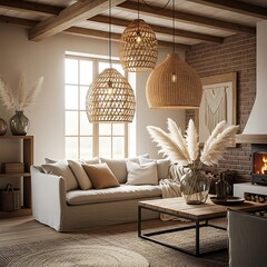 Cozy bohemian living room with natural light and woven light fixtures