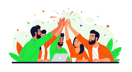 Teamwork Celebration: Happy Colleagues Giving High Five Achieving Success Together