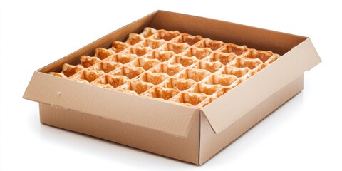 A cardboard box filled with golden-brown waffles sits on a white surface. The box is open, revealing the waffle grid. The box has a slightly raised lid and a visible seam. 
