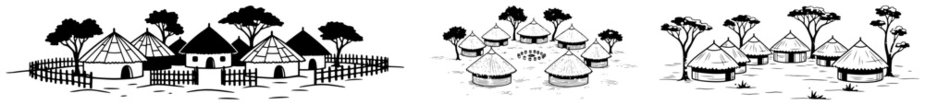 African river village scene vector &ndash; huts, boats and trees line art landscape