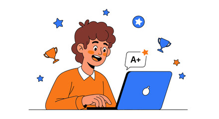 Excited Student Celebrating Good Grades on Laptop, Achievement in Education Online