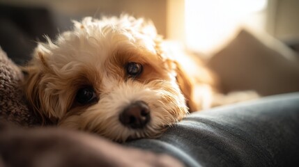 Small dog resting head on blue jeans