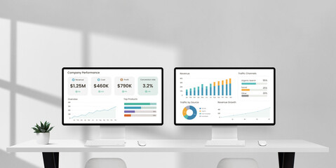 Two desktop monitors on white desk display company analytics dashboard with charts and financial data, representing performance growth, revenue tracking, and marketing results