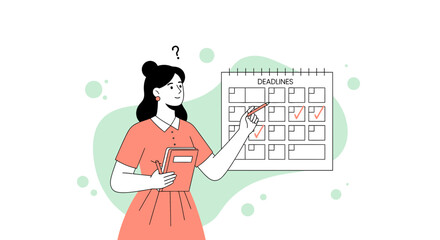 Woman Analyzing Calendar with Deadlines and Planning Important Tasks and Events