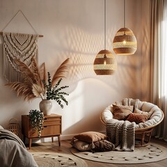 Bohemian living room decor cozy textured chair pendant lights macrame wall hanging