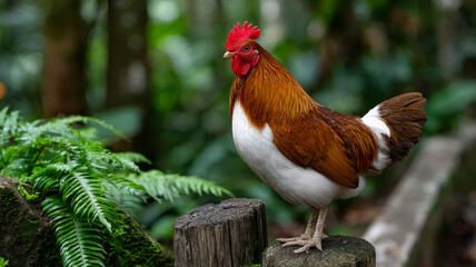 Fototapeta premium Rooster on a log in nature. A colorful rooster perches on a log surrounded by vibrant greenery in a tropical garden, showcasing its keen presence.