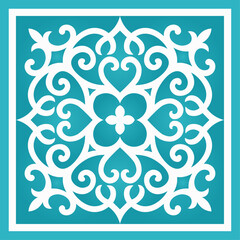 Fototapeta premium Elegant Symmetrical Floral Scrollwork Ornament on Teal, Islamic seamless pattern background, blue color motif, Islamic traditional abstract background, use to ceramic, tiles, clothes, fabric texture.