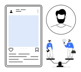 Social media profile outline, team figures sharing ideas, and balanced scales portraying discussion. Ideal for innovation, teamwork, social networking, user interface design, business strategy