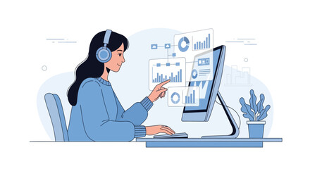 Woman Analyzing Data Visualizations Listening to Music and Using Computer for Analytics