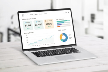 Open laptop on light wooden desk showing startup performance dashboard with growth charts, client metrics, and top products in modern workspace