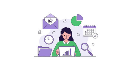 Woman Analyzing Data, Digital Marketing, Email, Planning, and Business Strategy Illustration