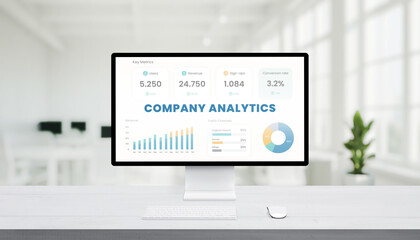 Modern computer screen in bright office showing company analytics dashboard with revenue growth, user data, and traffic channels for digital performance insight