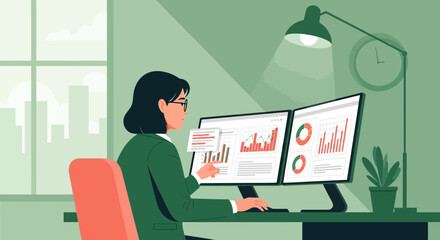 Woman Analyzing Financial Charts On Dual Computer Monitors In Modern Office