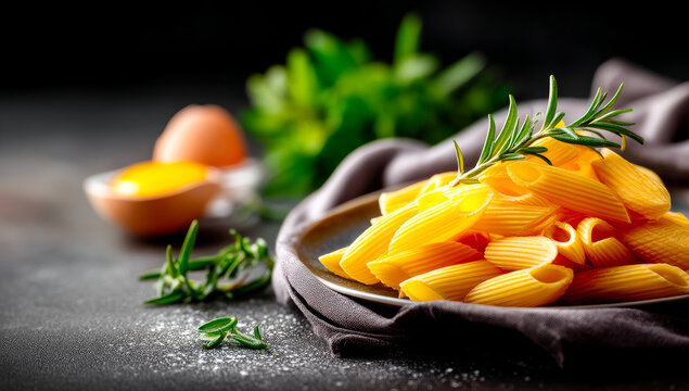 Cozy kitchen: fresh pasta prep. Fresh pasta noodles are neatly arranged on a dark plate with eggs and herbs in the background, ready for cooking.