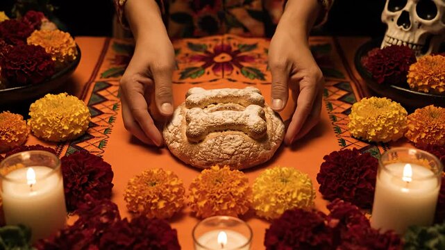 Hands placing Pan de Muerto bread on altar during Day of the Dead tradition