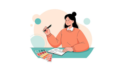 Woman Designing and Writing with Color Palette, Creative Sketching, Illustrative Art