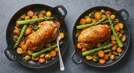Roasted chicken breast with asparagus and potatoes in a skillet.
