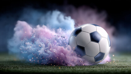 Fototapeta premium Soccer ball with colorful smoke. A soccer ball bursts through colorful smoke on a field, creating an exciting visual display during a sporting event.