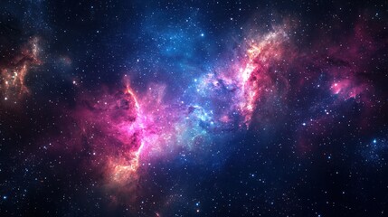 A vibrant, colorful nebula with hues of blue, purple, and pink, set against a dark, starry backdrop.