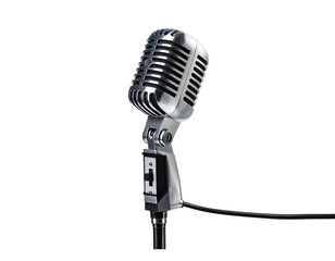 Fototapeta premium Vintage metallic microphone against a black backdrop, a classic recording device