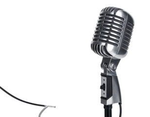 A vintage, silver microphone, isolated against a solid black background, showing detail