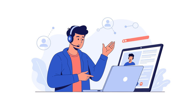 Online Business Meeting Or Support Agent Holding Videoconference Call Illustration