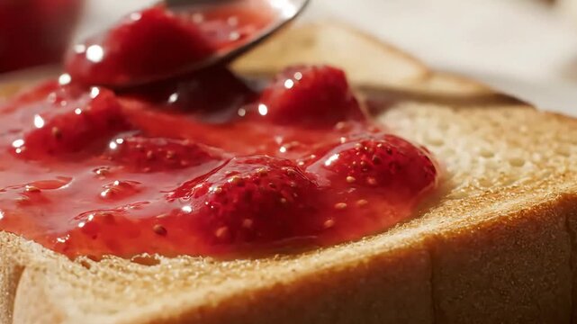 Close-up 4K video of fresh strawberry jam being spread over a slice of toast