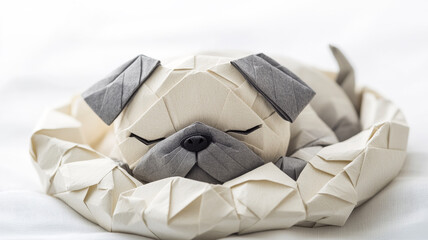 Cute pug origami on bed. A small origami pug rests peacefully in a textured white pet bed, showcasing intricate folds and details.