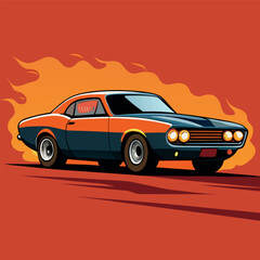 Retro muscle car racing with fiery background, bold colors and dynamic shadows, vintage illustration style.