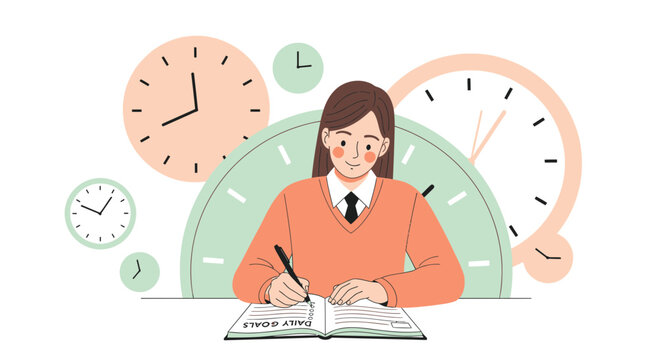 Woman Focused on Planning Daily Goals in a Timed and Structured Manner for Success
