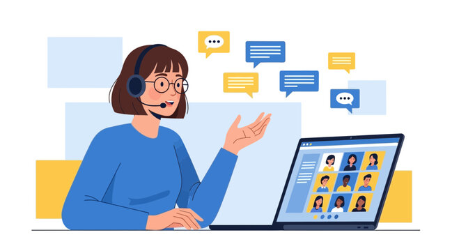 Online Meeting Facilitator Presenting to Remote Participants Using Video Call Interface
