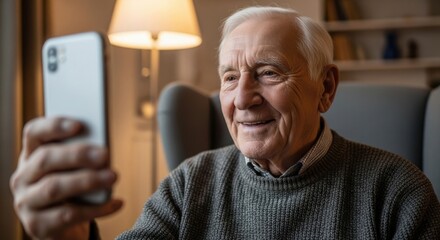 Happy senior man taking a selfie with his smartphone smiling and enjoying modern technology indoors