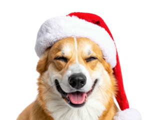 Smiling corgi, wearing a festive red and white hat against a transparent background
