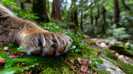 Cat paw resting on mossy forest floor. A close view of a cat's paw placed on lush green moss in a tranquil forest setting. The surroundings are peaceful.