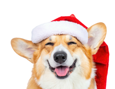 A smiling, happy corgi with a red and white Santa hat, against a black background