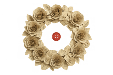 Paper roses wreath with a central red button, handmade craft floral design, vintage style decoration on transparent background